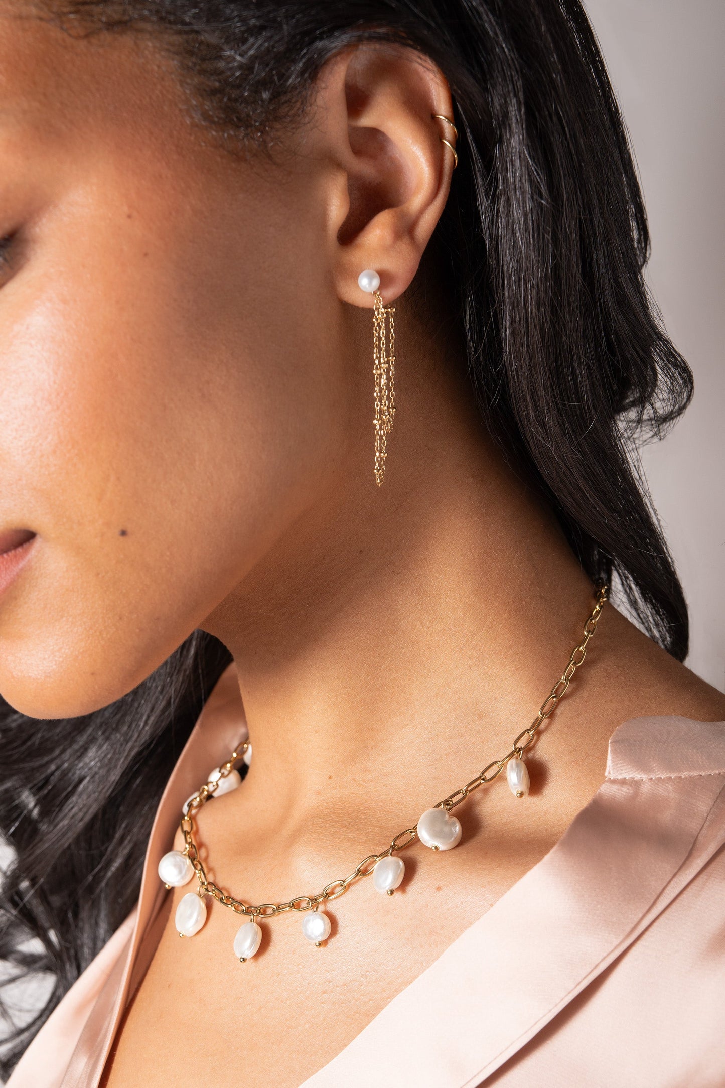 Freshwater Pearl Front-and-Back Earrings Stainless Steel Gold