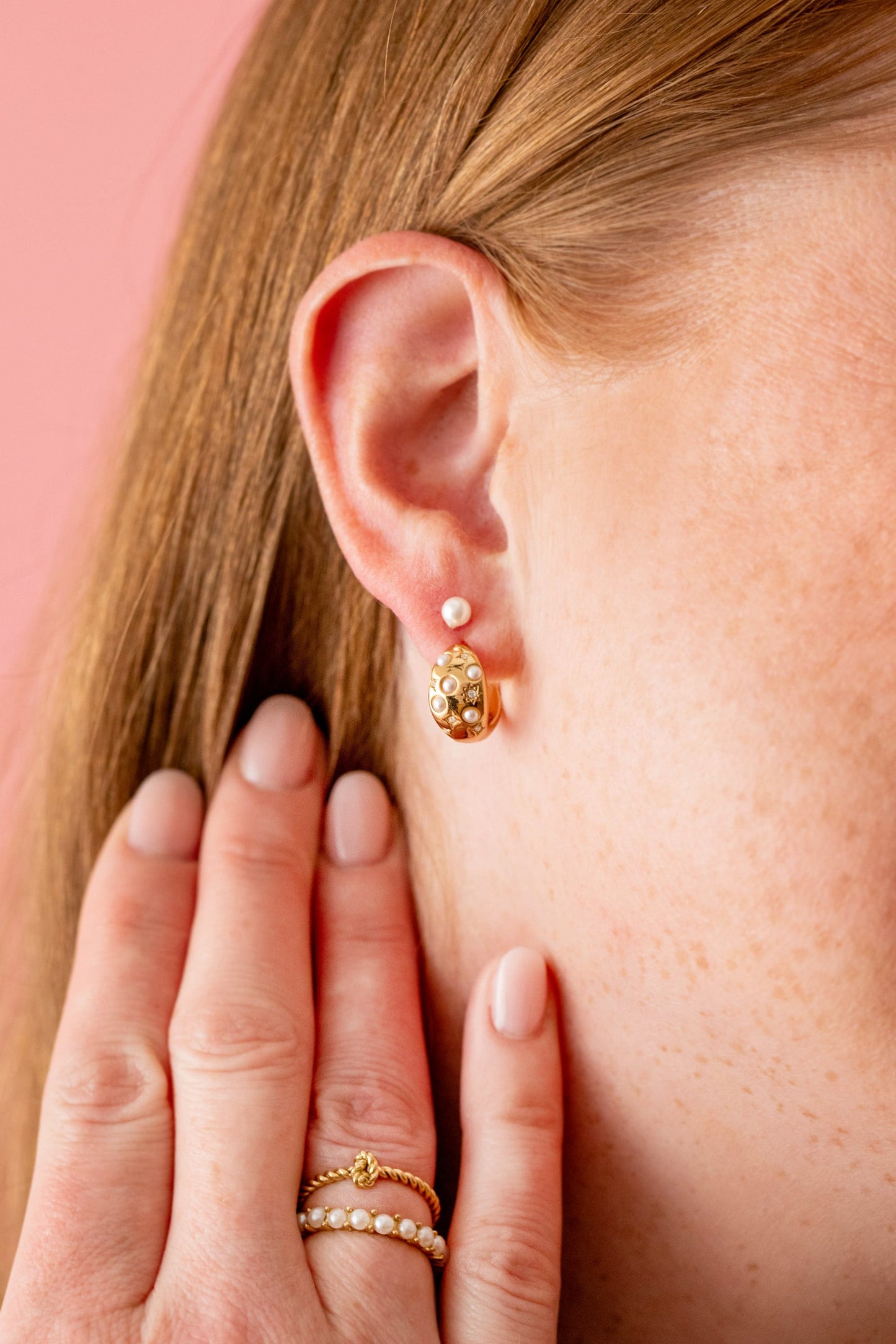 Pearl and Crystal Huggie Hoop Earrings Gold