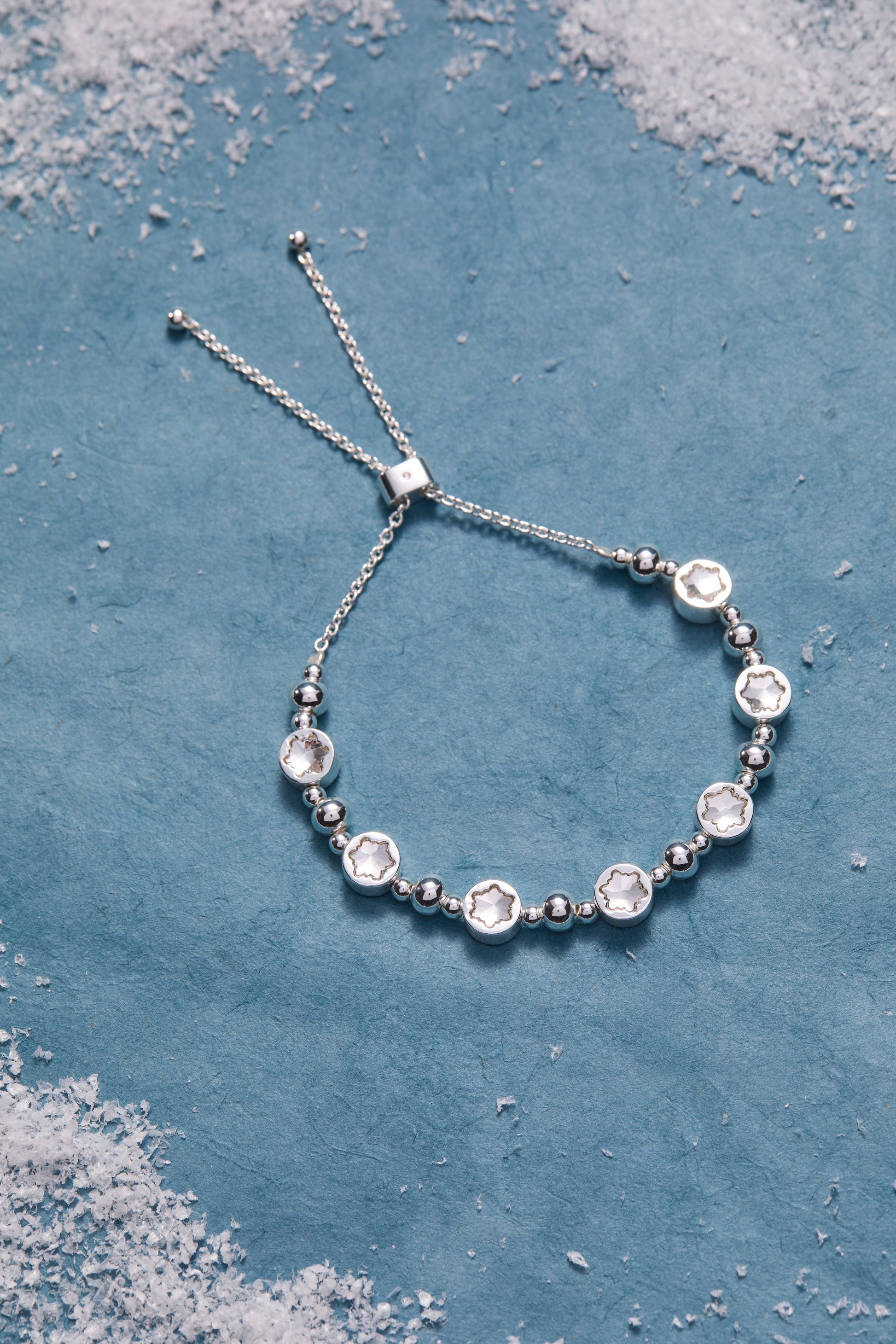 Snowflake Crystal Beaded Bolo Bracelet Silver