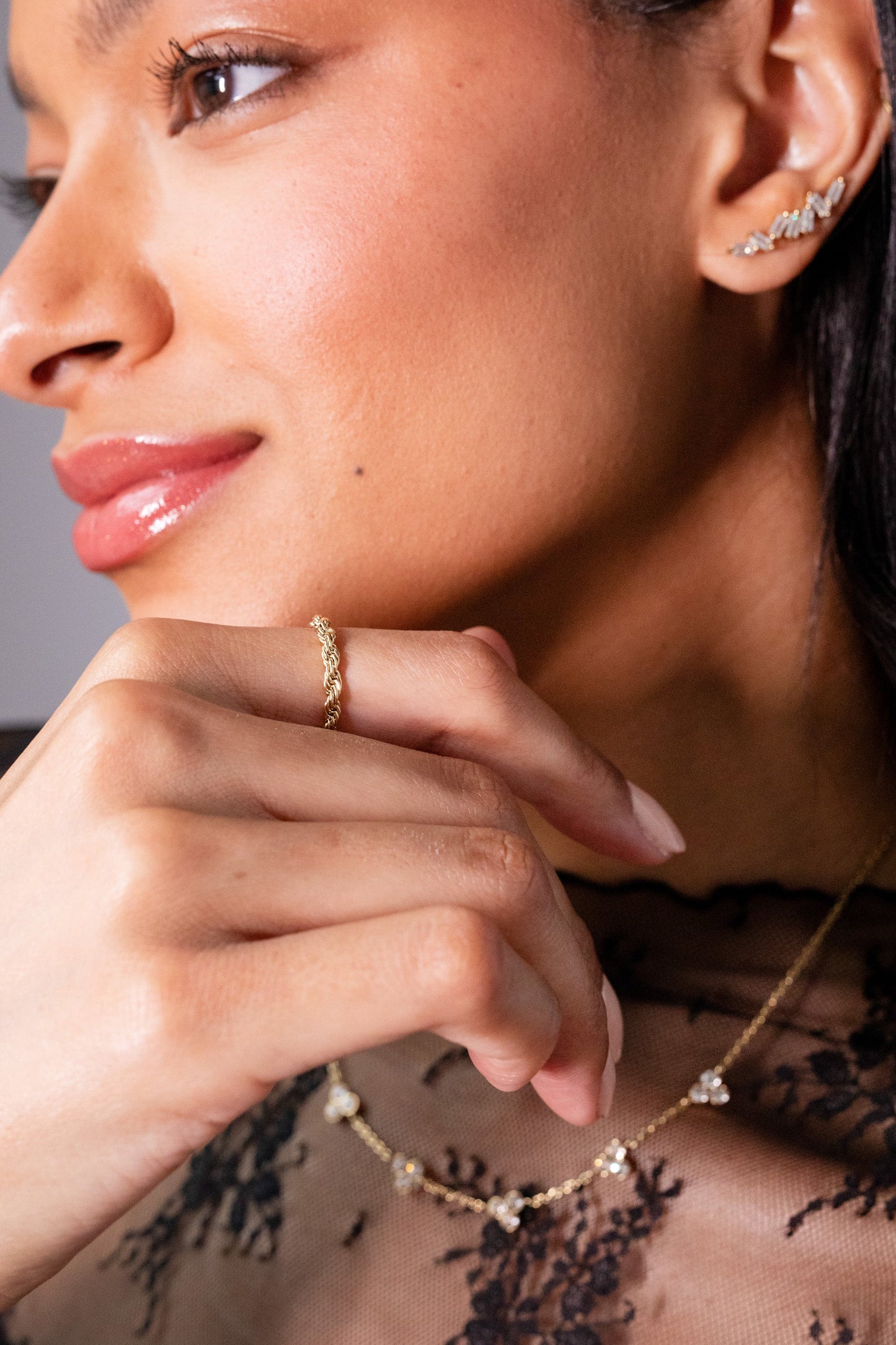Triple Stone Stationed Necklace Stainless Steel Gold
