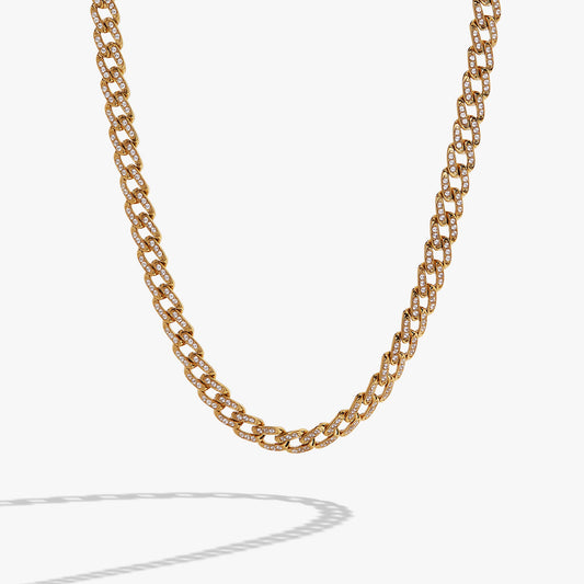 Crystal Pave Curb Chain Necklace Stainless Steel Gold