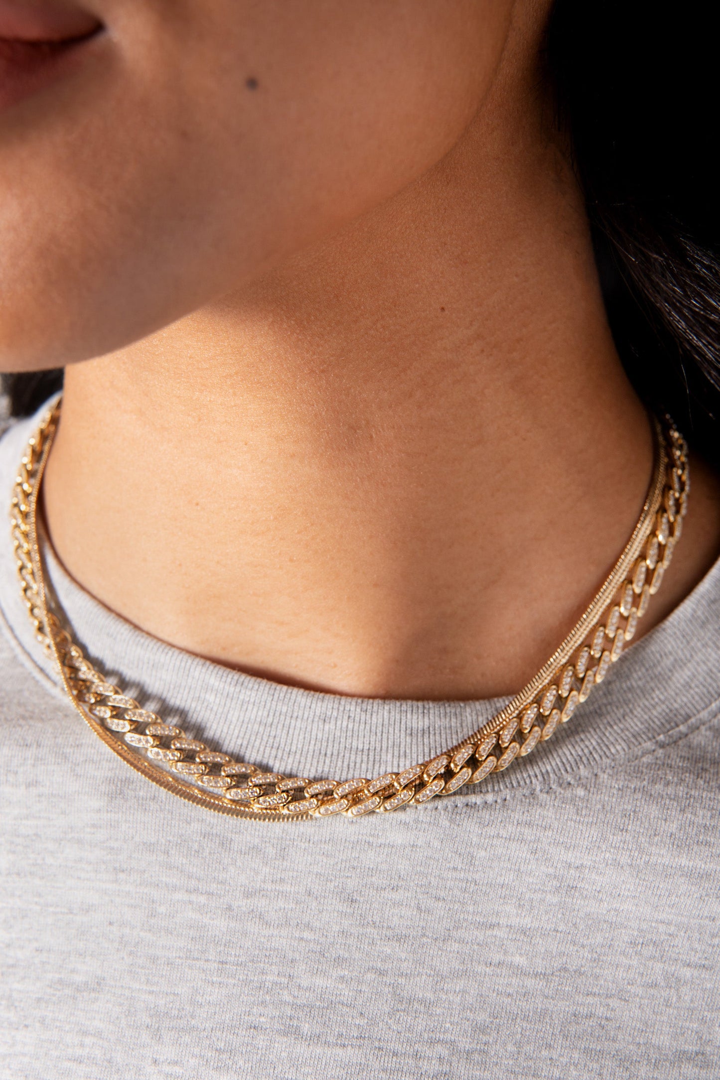 Crystal Pave Curb Chain Necklace Stainless Steel Gold