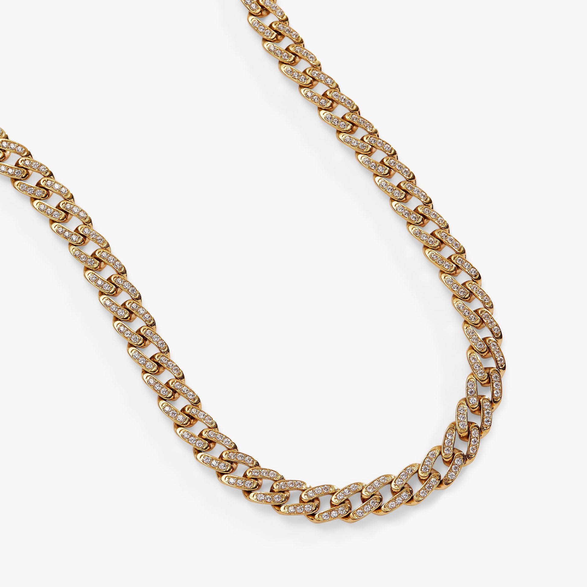 Crystal Pave Curb Chain Necklace Stainless Steel Gold