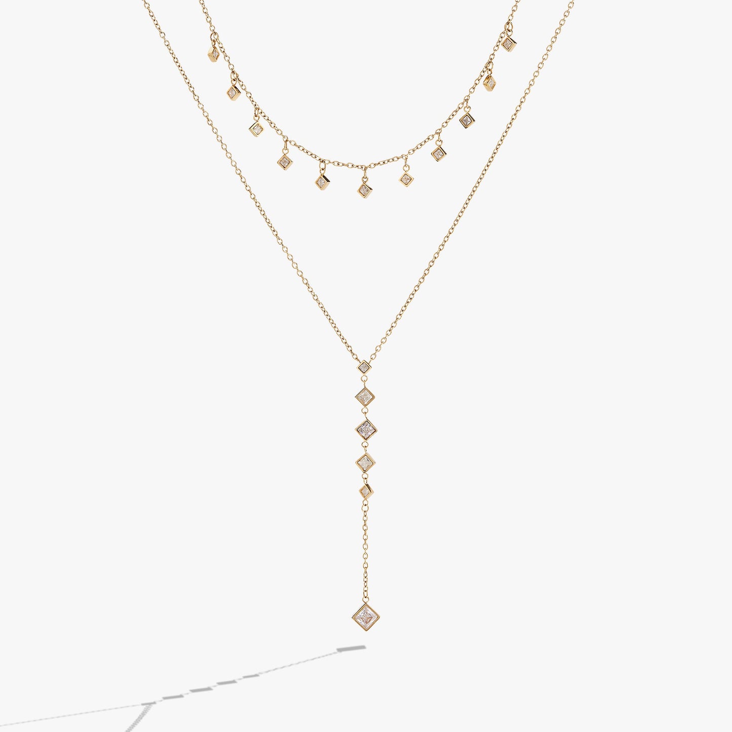 2 Row Princess Cut Adjustable Necklace Stainless Steel Gold