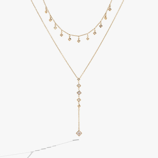 2 Row Princess Cut Adjustable Necklace Stainless Steel Gold