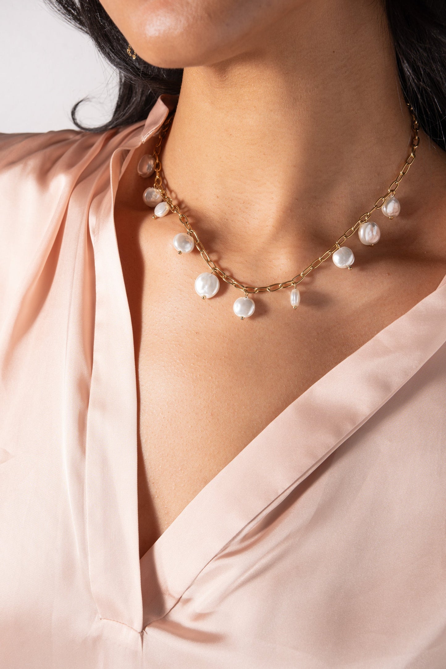 Coin Pearl Necklace Stainless Steel Gold