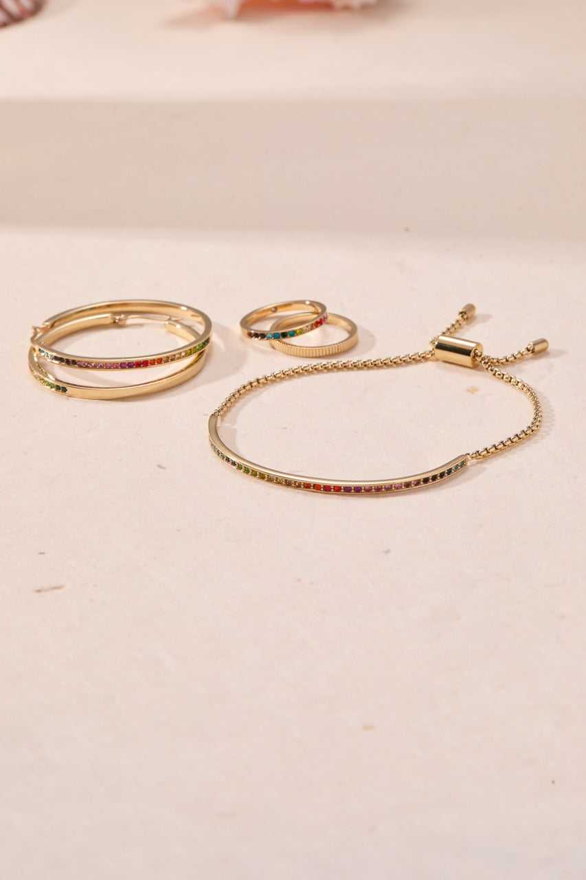 Rainbow Ombre Pave Bolo Stainless Steel Gold