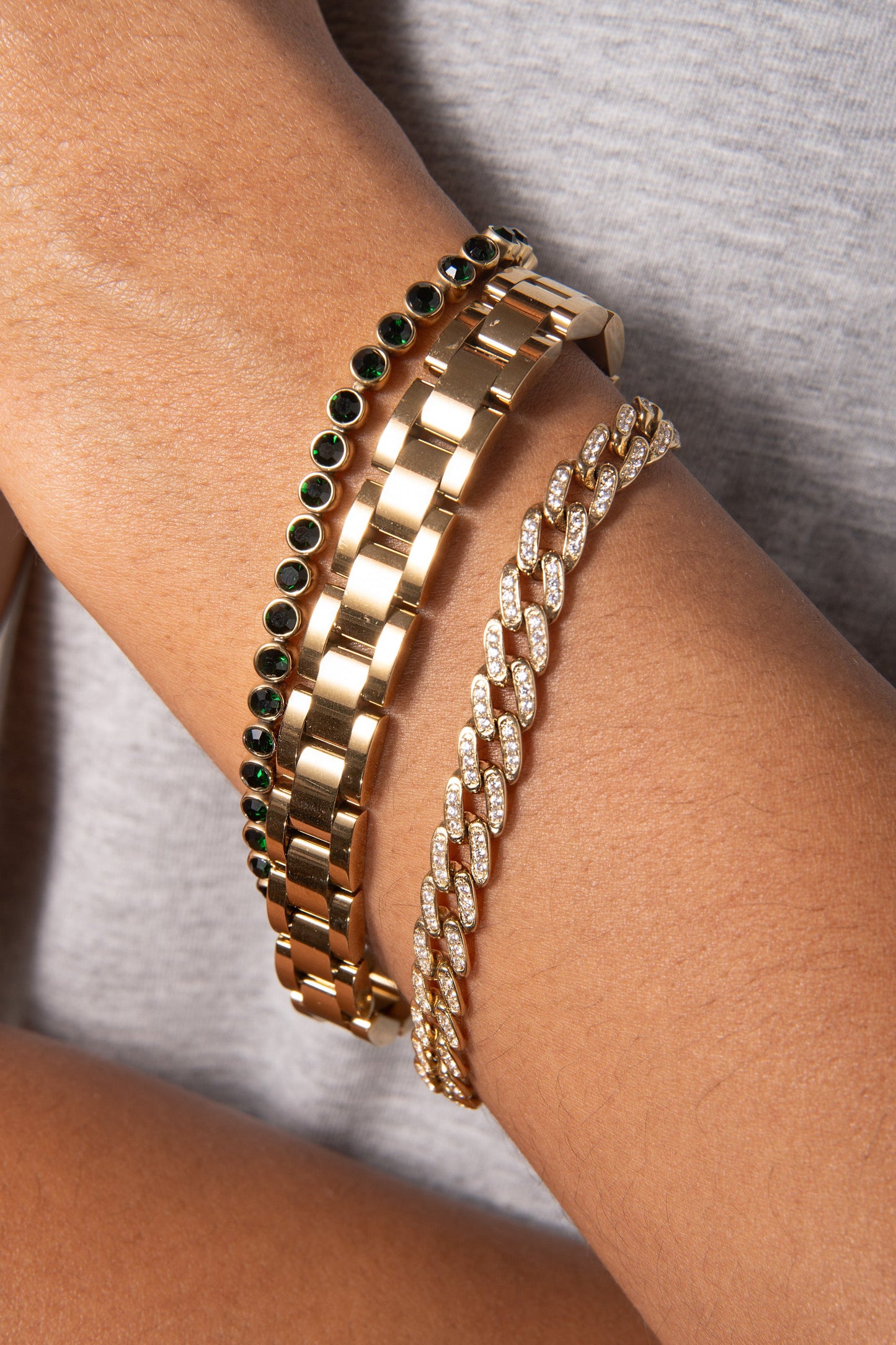 Crystal Pave Curb Chain Bracelet Stainless Steel Gold