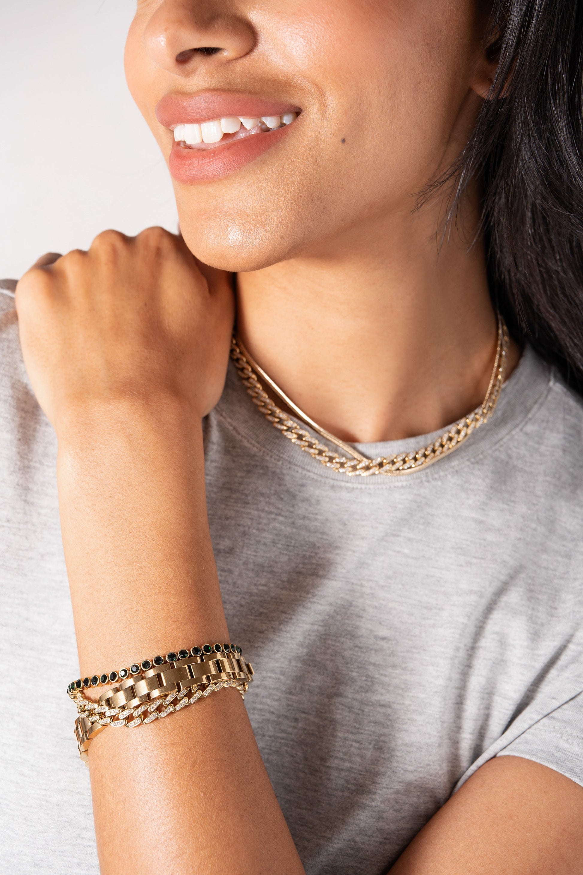 Crystal Pave Curb Chain Bracelet Stainless Steel Gold