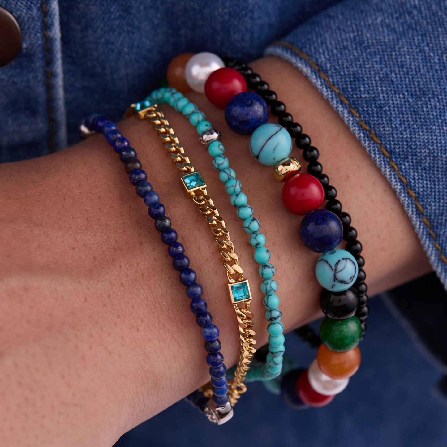 Lapis Evil Eye Mini Stretch Bracelet Stainless Steel Silver