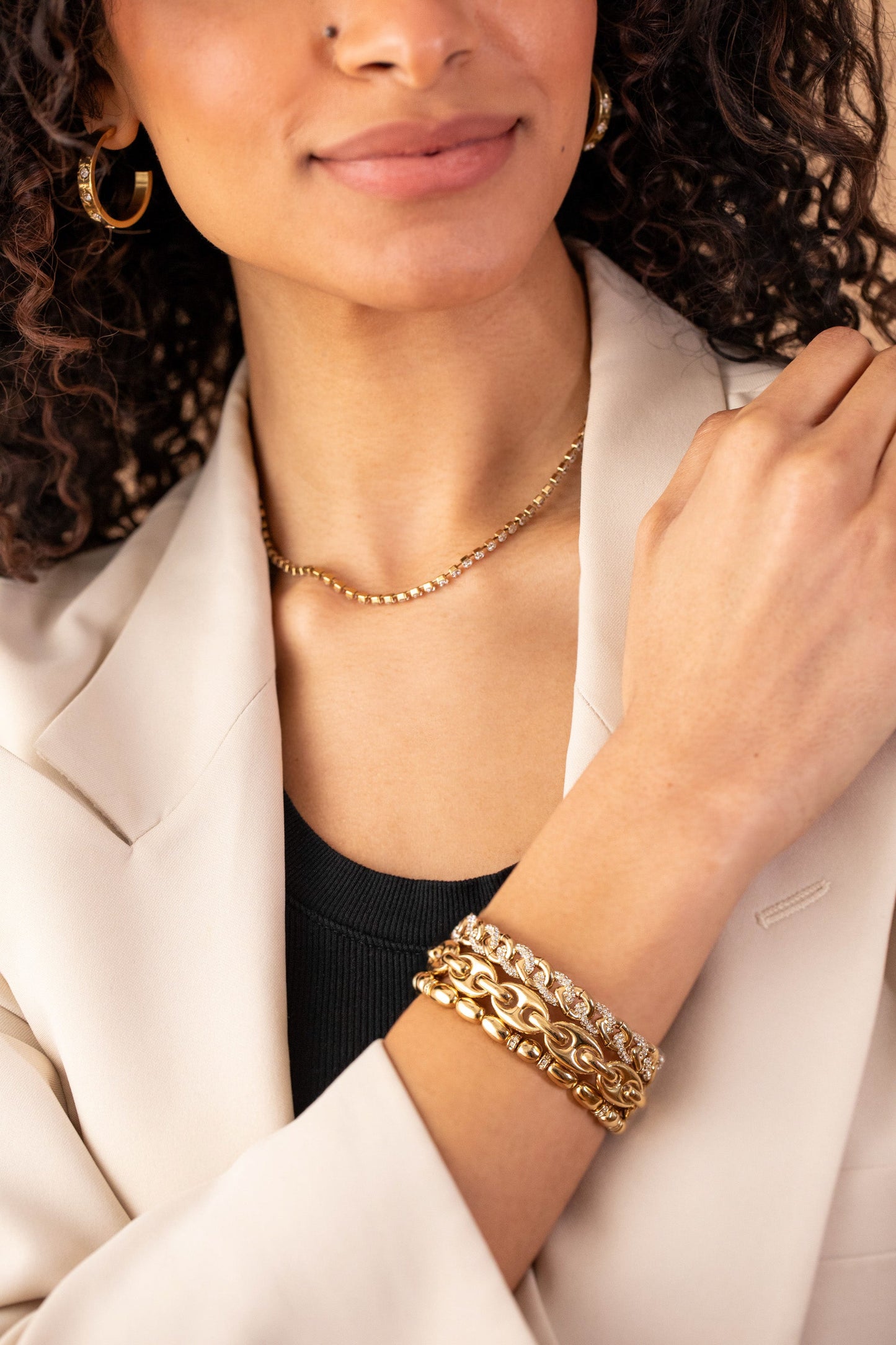 Pave Curb Chain Stretch Bracelet Gold