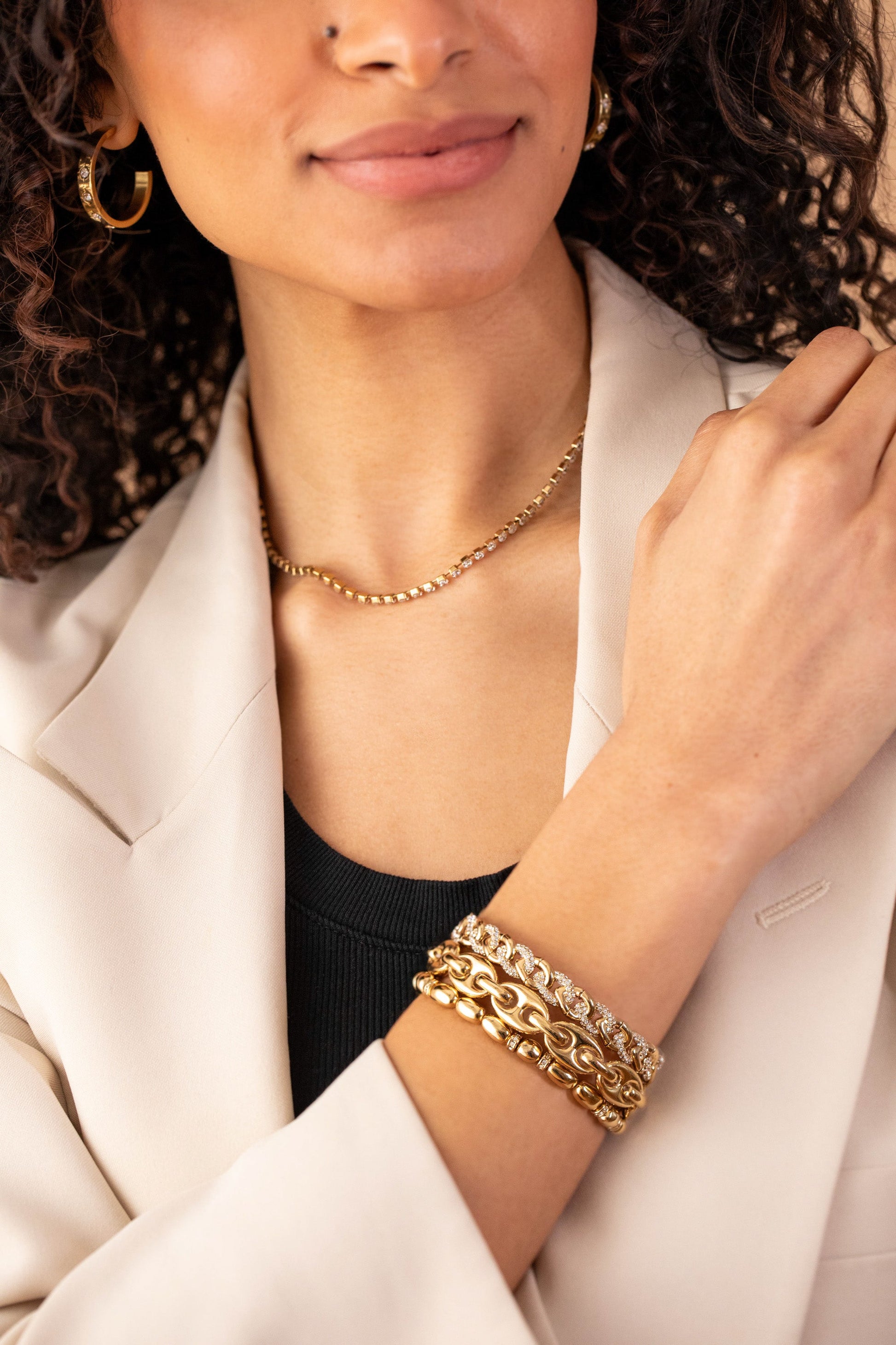 Pave Curb Chain Stretch Bracelet Gold