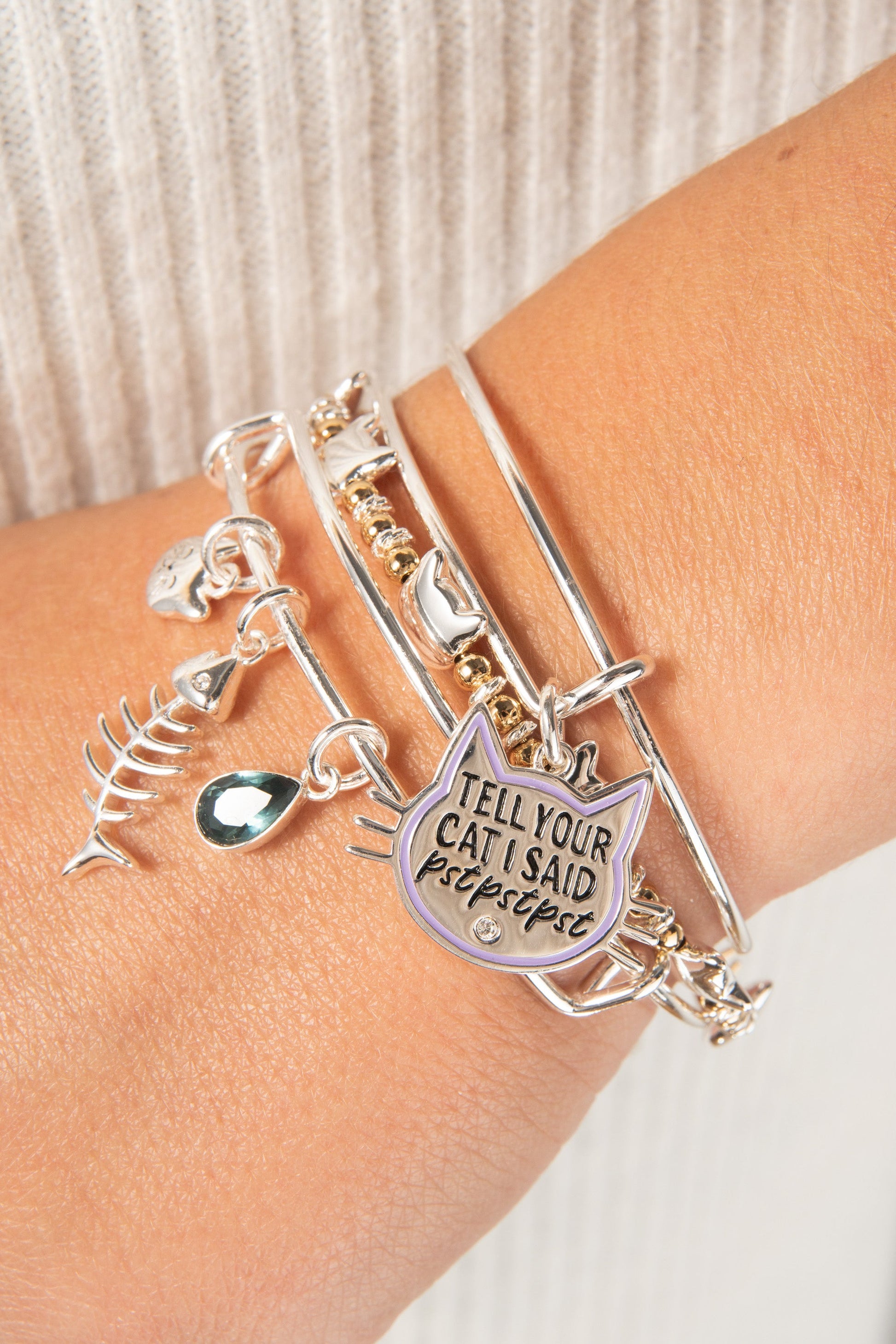Fish Bone Cat Bangle Silver