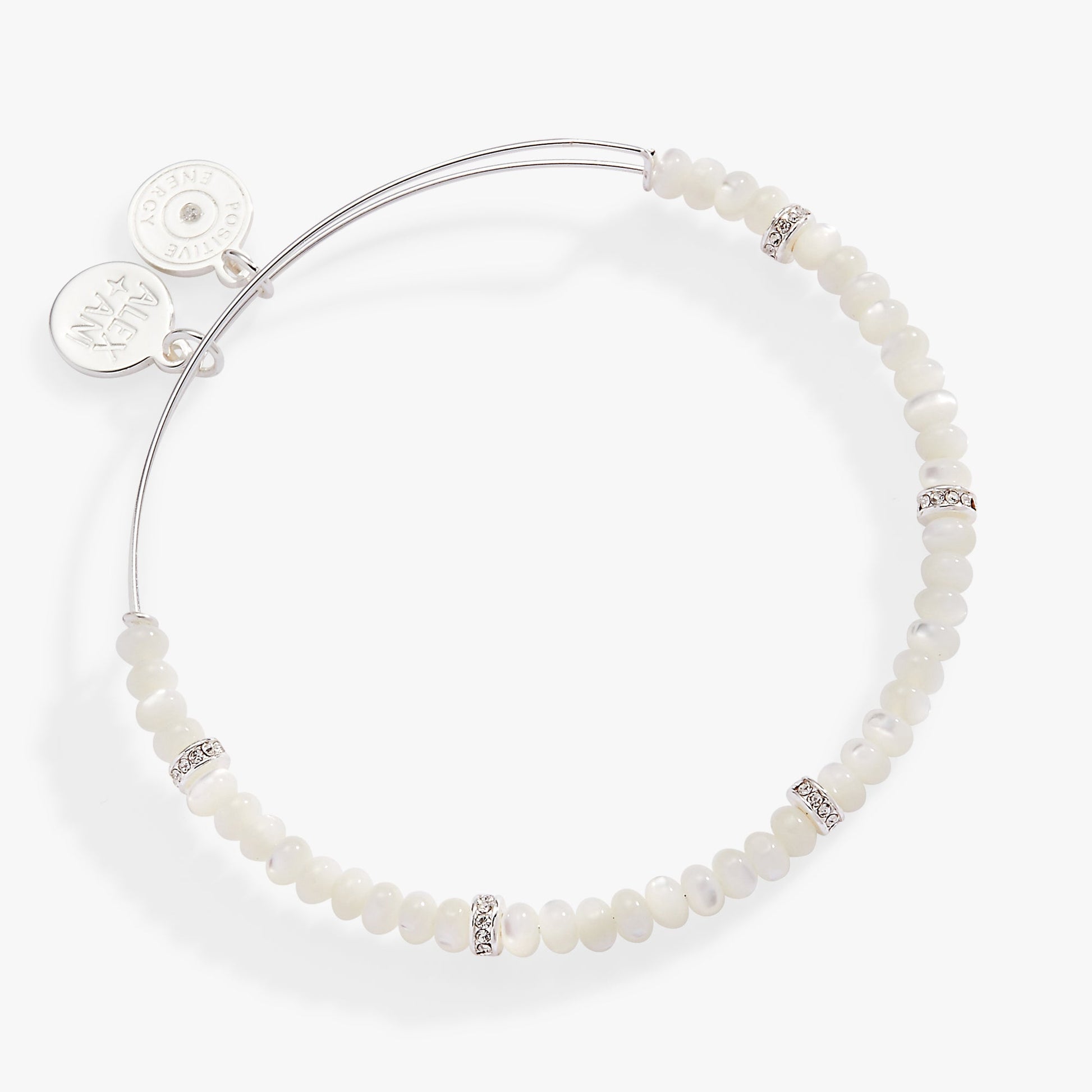 White Semi-Precious Rondelle Beaded Bangle Silver